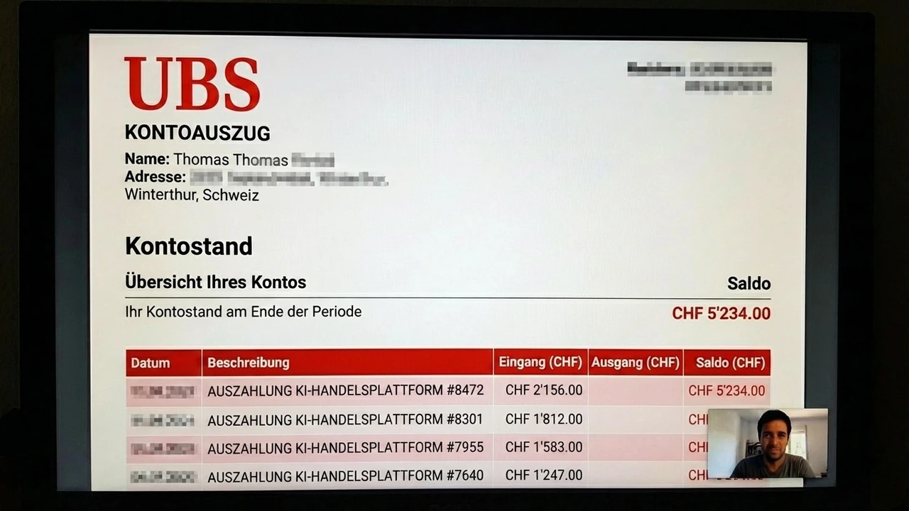 UBS-Kontoauszug von Thomas Brunner, gezeigt während des Videoanrufs