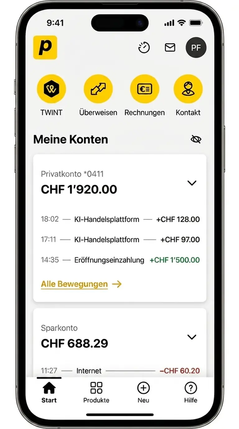 Screenshot eines PostFinance-Kontoauszugs